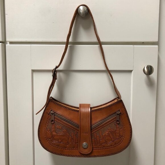 Vintage Handbags - Vintage Hand Tooled Leather Purse Western Peru Shoulder Bag Cowgirl Satchel
